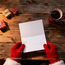 Hands in Red Gloves Holding Blank Holiday Card on Wood JPG Mockup Image preview