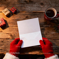 Hands in Red Gloves Holding Blank Holiday Card on Wood JPG Mockup Image preview