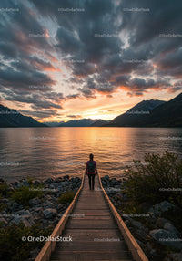 Serene Mountain Lake Sunset Scene with Wooden Pier and Hiker