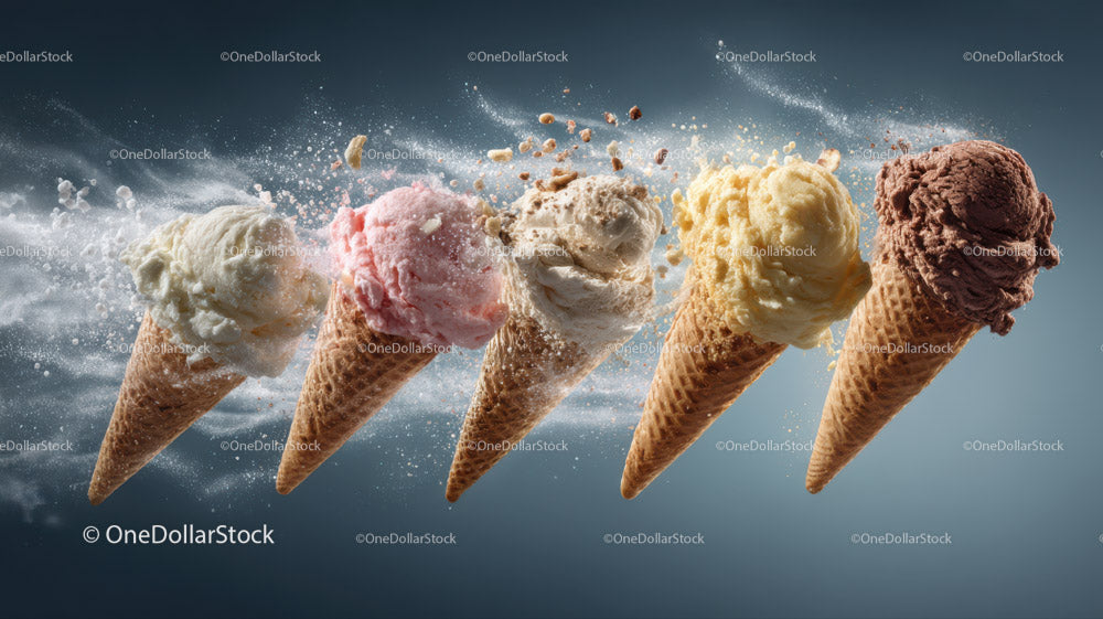 Colorful Ice Cream Cones with Sprays of Powder in Midair