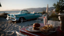 Beachside Cheeseburger French Fries and Milkshake with Classic Car