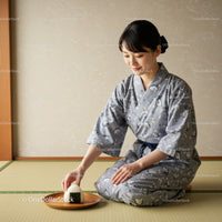 Woman in Yukata Serving Traditional Japanese Rice Ball
