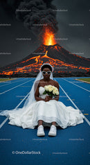Bride in Wedding Dress Amidst Erupting Volcano