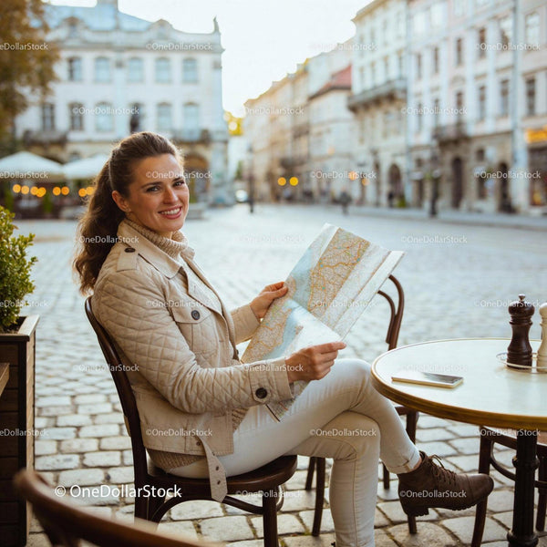 Uśmiechnięta kobieta sprawdzająca mapę w kawiarni na świeżym powietrzu w starym mieście