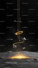 Futuristic Space Scene with Rings and Asteroids in Deep Cosmos