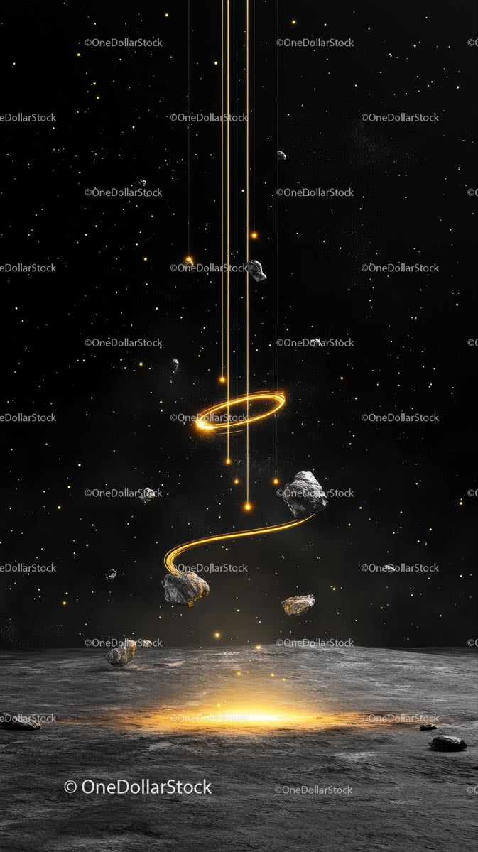 Futurystyczna scena kosmiczna z pierścieniami i asteroidami w głębokim kosmosie