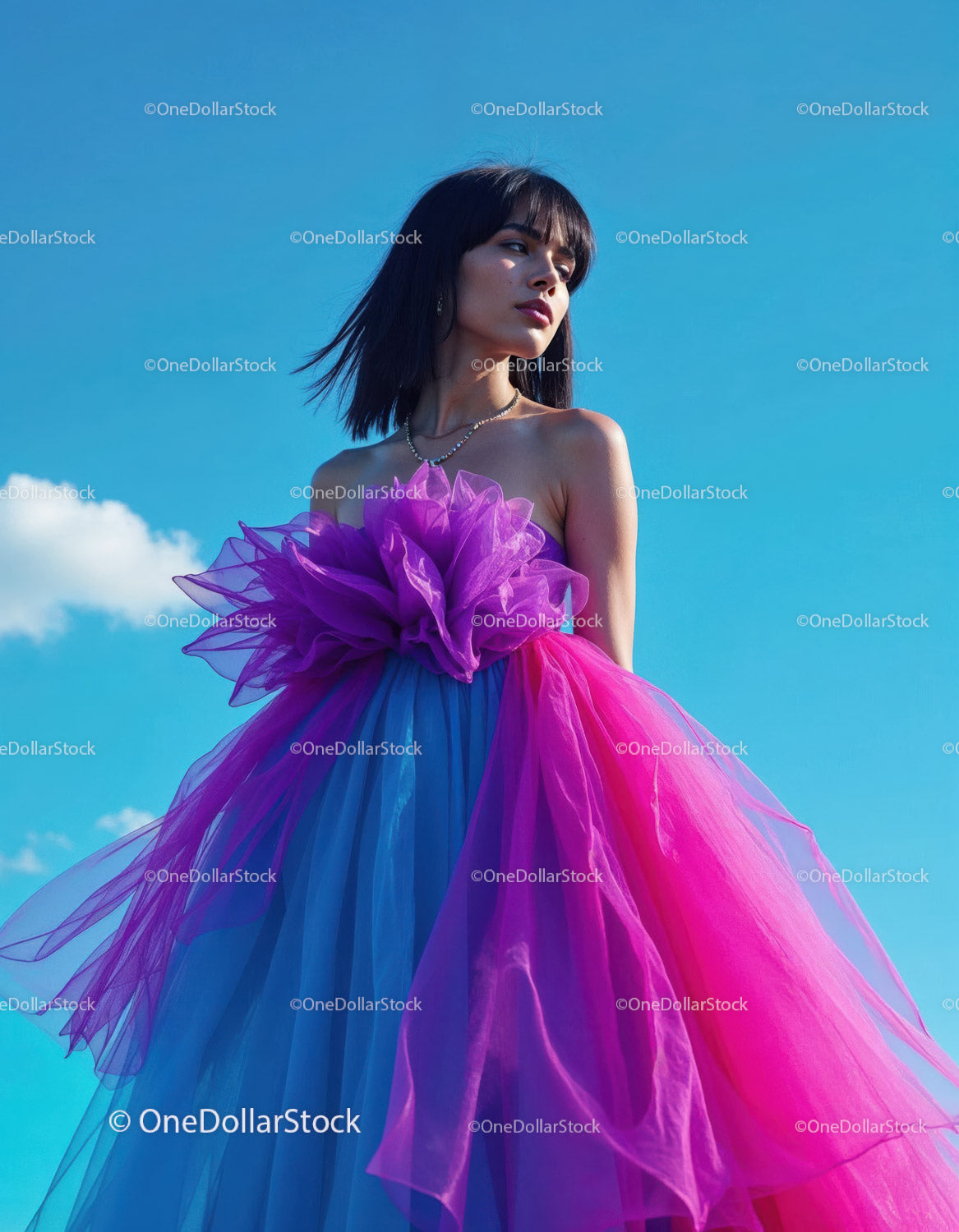 Vibrant Woman in Colorful Tulle Dress Posing Outdoors Under Bright Sky