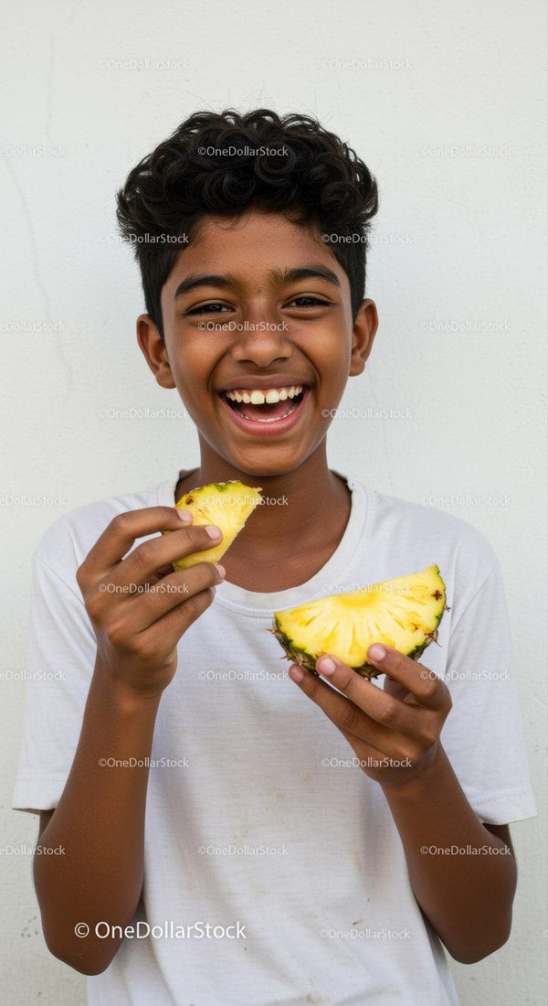 Smiling Boy Enjoying Pineapple with Tropical Vibes