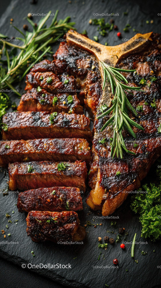 Grilled Beef Ribs with Fresh Green Herbs on Plate
