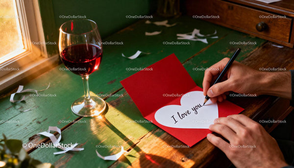 Writing a heartfelt love note with a glass of red wine
