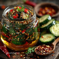 Vibrant Spicy Cucumber Kimchi in Glass Jar with Fresh Vegetables