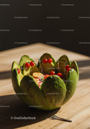 Miniature Picnic Scene Inside Avocado Bowl on Wood