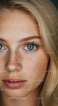 Close-up of young woman with blue eyes and freckles