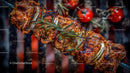 Colorful Grilled Meat and Vegetable Skewers on Barbecue Grill