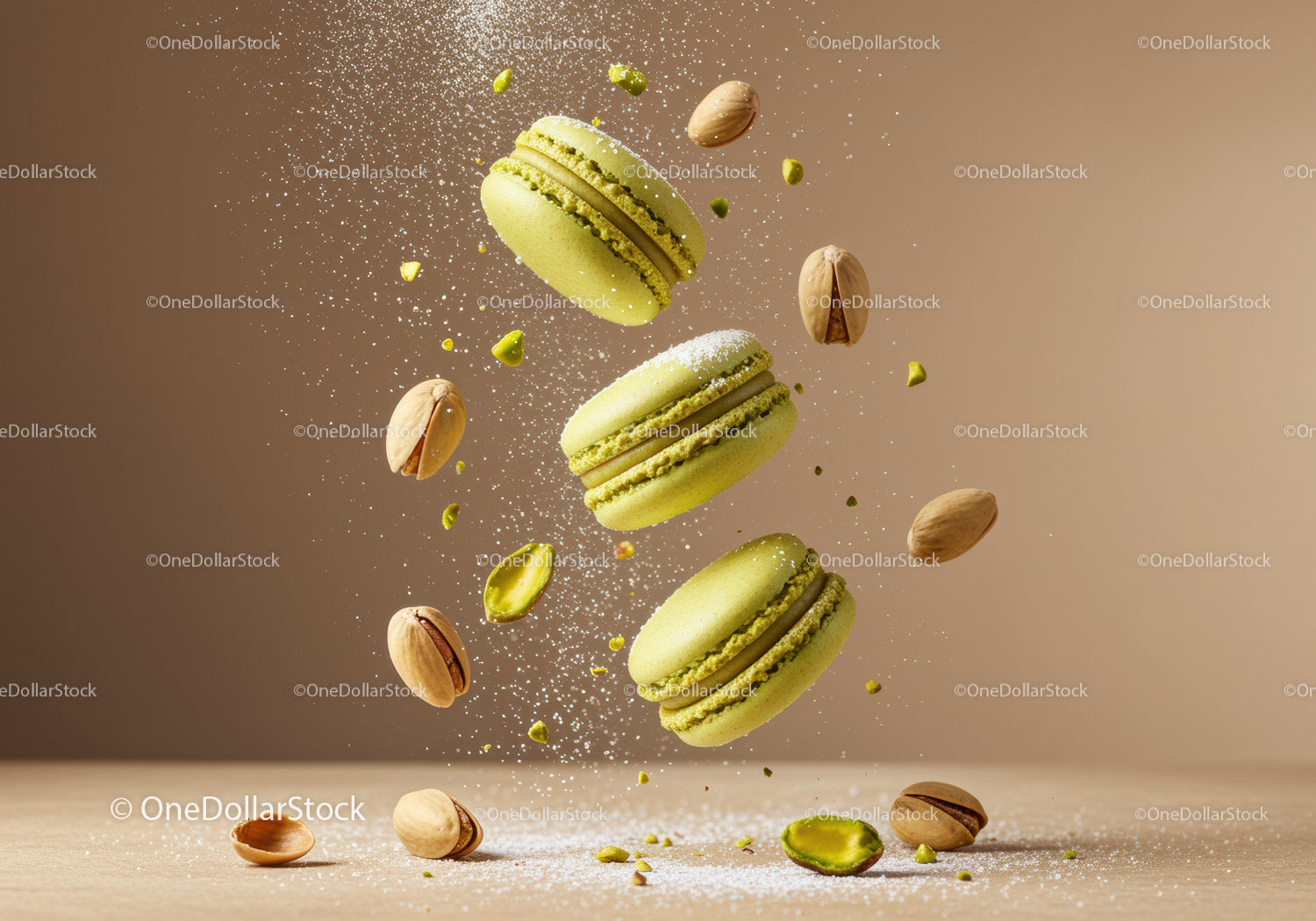 Green Pistachio Macarons with Nuts and Powder in Air