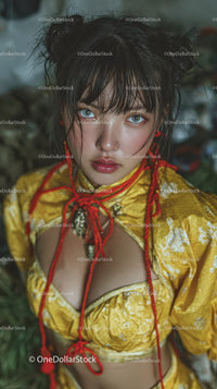 Young Woman in Vibrant Yellow Traditional Dress with Red Accents