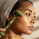 Close-up of a Woman Using a Jade Roller for Facial Skincare