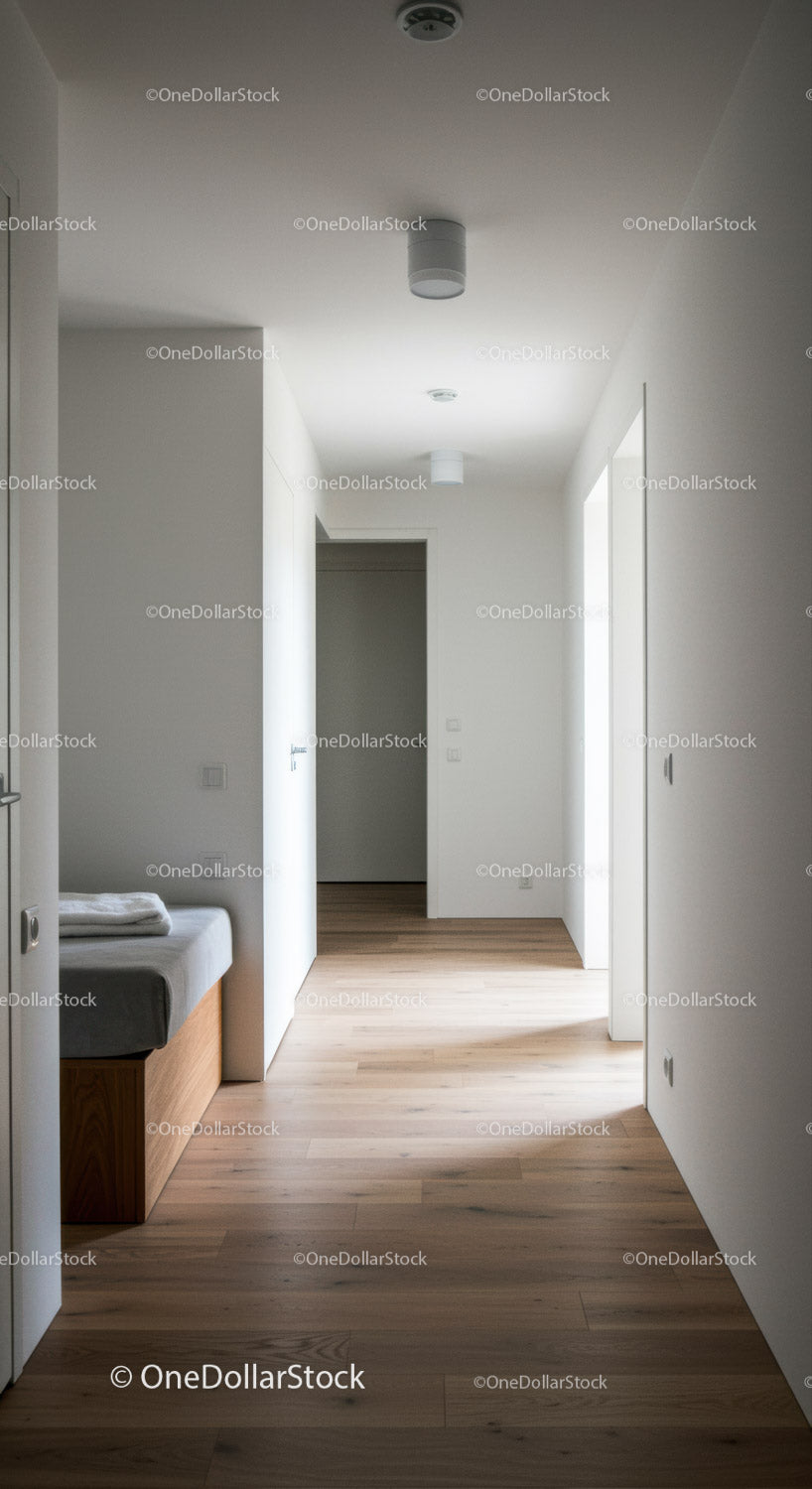 Bright Modern Hallway with Wooden Flooring and Minimalist Design