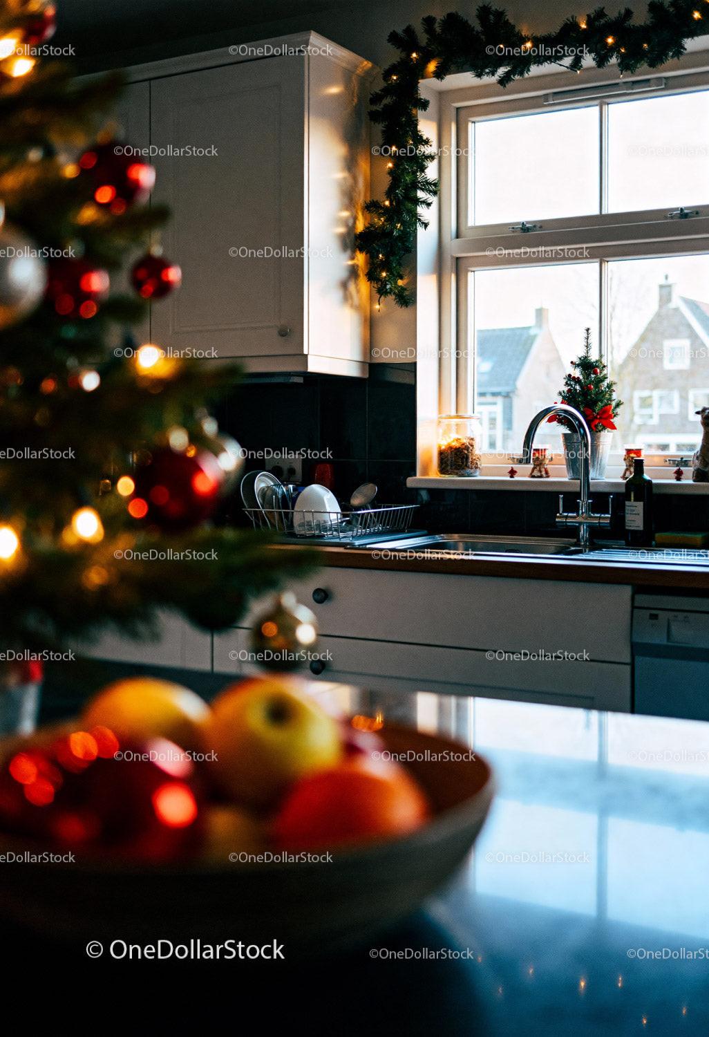 Cozy kitchen decorated for Christmas holiday season