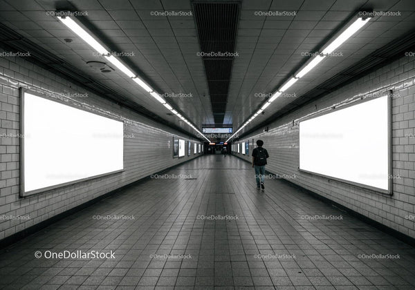 Urban Subway Tunnel with Modern Design and Fluorescent Lighting JPG Mockup Image