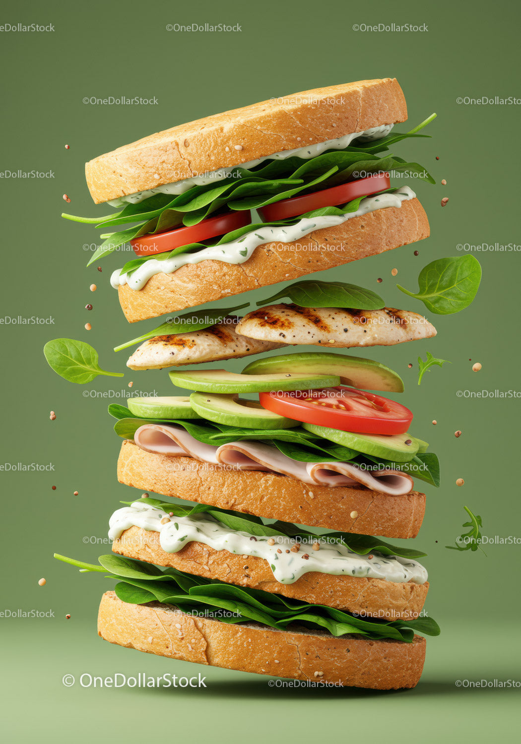 Fresh layered sandwich with grilled chicken and vegetables
