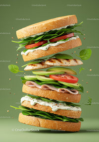 Fresh layered sandwich with grilled chicken and vegetables