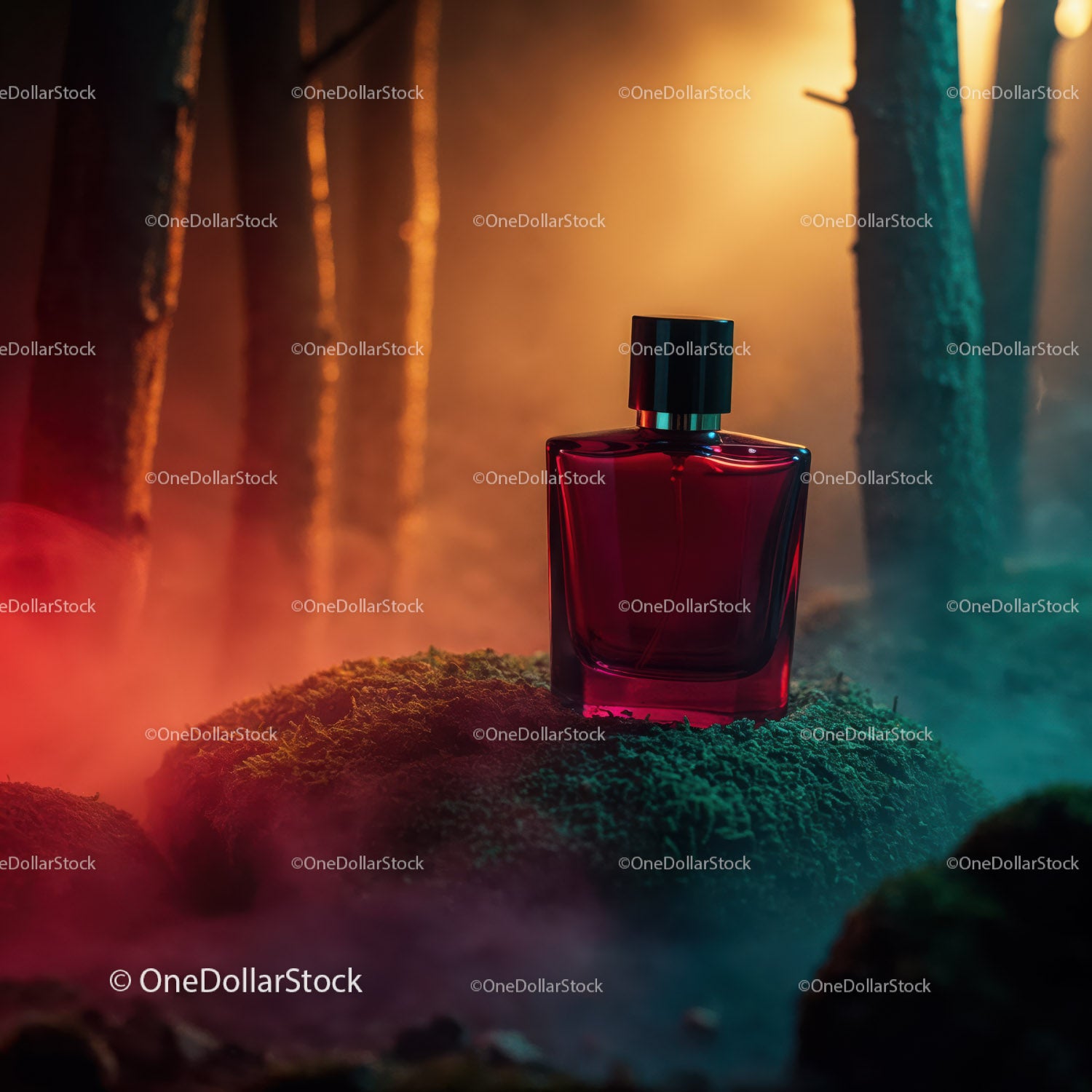 Luxury Red Perfume Bottle in Mystical Forest Scene