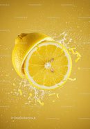 Fresh lemon slice with vibrant splash on yellow background