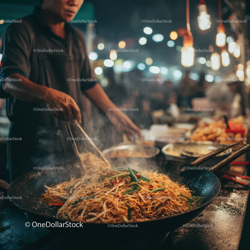 Street Food Vendor Cooking Stir-fried Noodles at Night Market