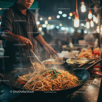 Street Food Vendor Cooking Stir-fried Noodles at Night Market
