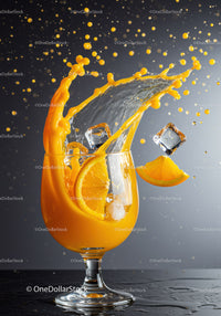 Refreshing orange juice splashing with ice cubes and fruit