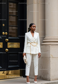 Elegant woman in white suit with gold chain belt outdoors