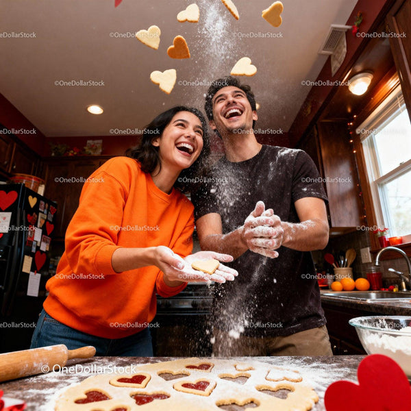 Happy couple baking heart-shaped cookies for Valentine