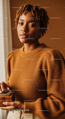 Elegant Portrait of a Young Woman in Cozy Brown Knit Sweater with Dreadlocks