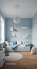 Modern Nursery Room with Pastel Blue Walls and Warm Wooden Floor