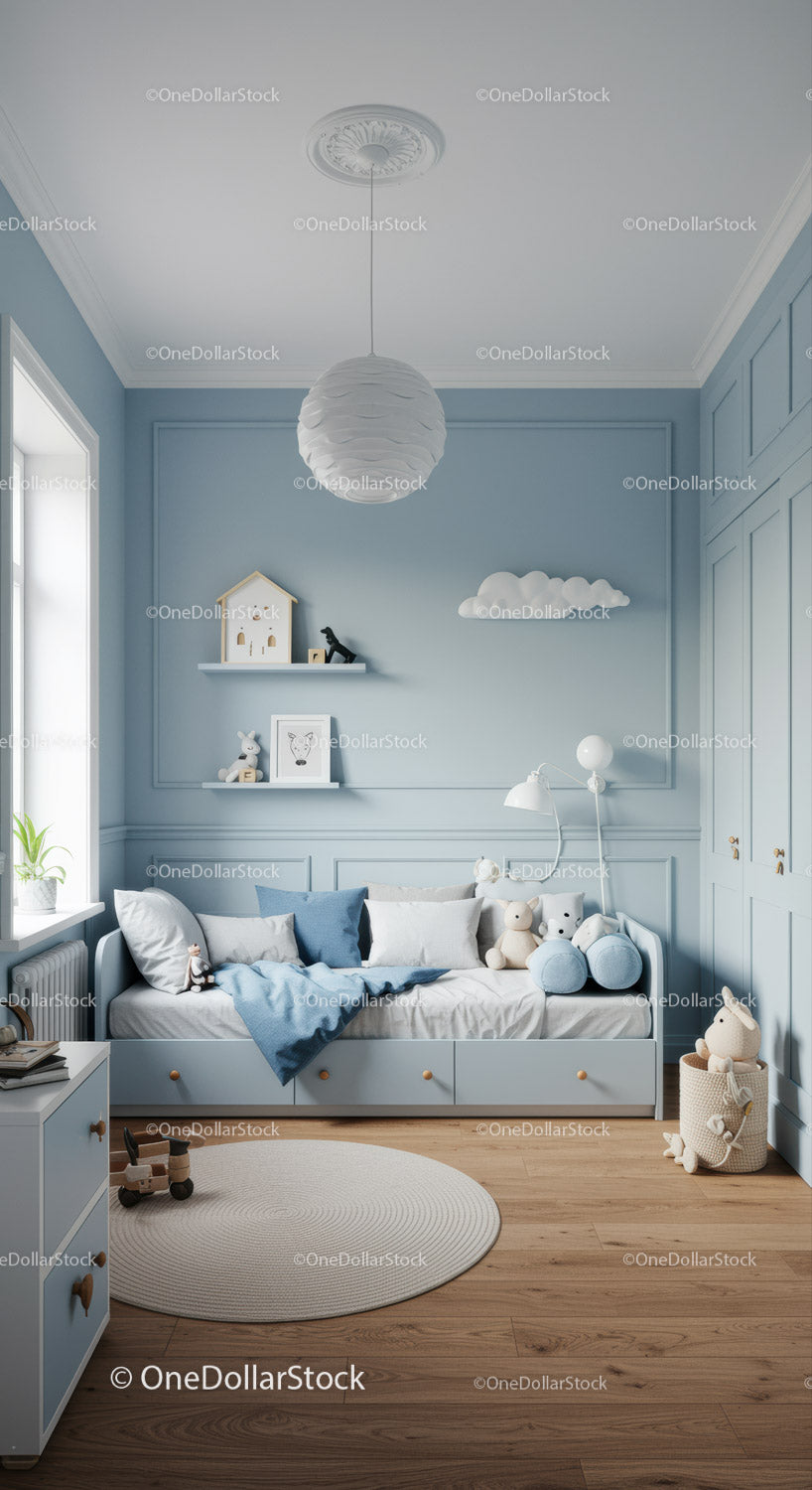 Modern Nursery Room with Pastel Blue Walls and Warm Wooden Floor