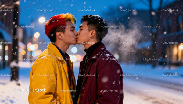 Winter Kiss Between Two Men in City Street at Night