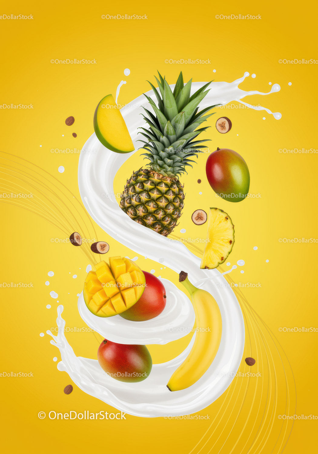 Tropical fruits swirling in fresh creamy milk splash