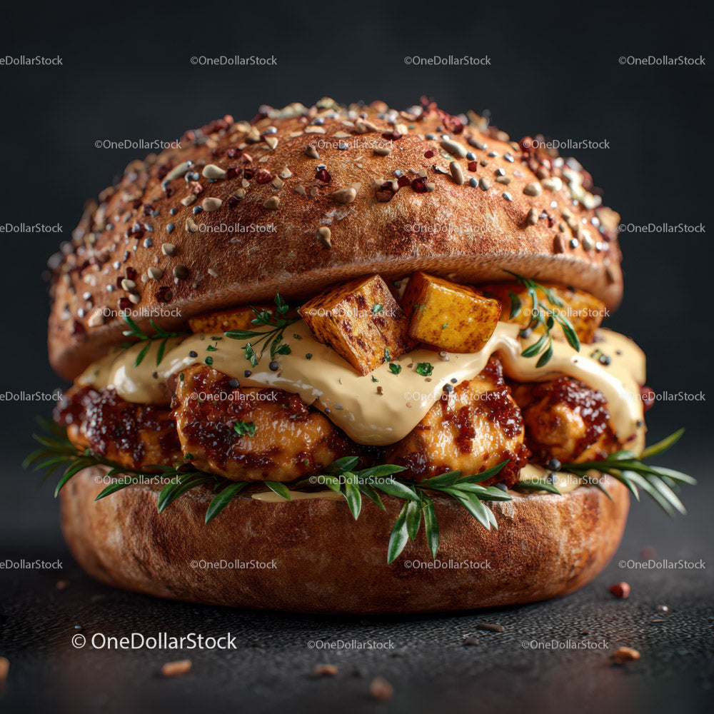 Wykwintny burger z kurczaka z pieczonymi ziemniakami i świeżymi ziołami