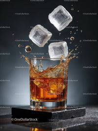 Whiskey splash with ice cubes in a clear glass