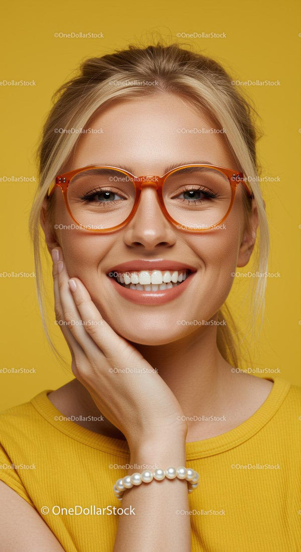Smiling young woman with orange glasses and yellow top