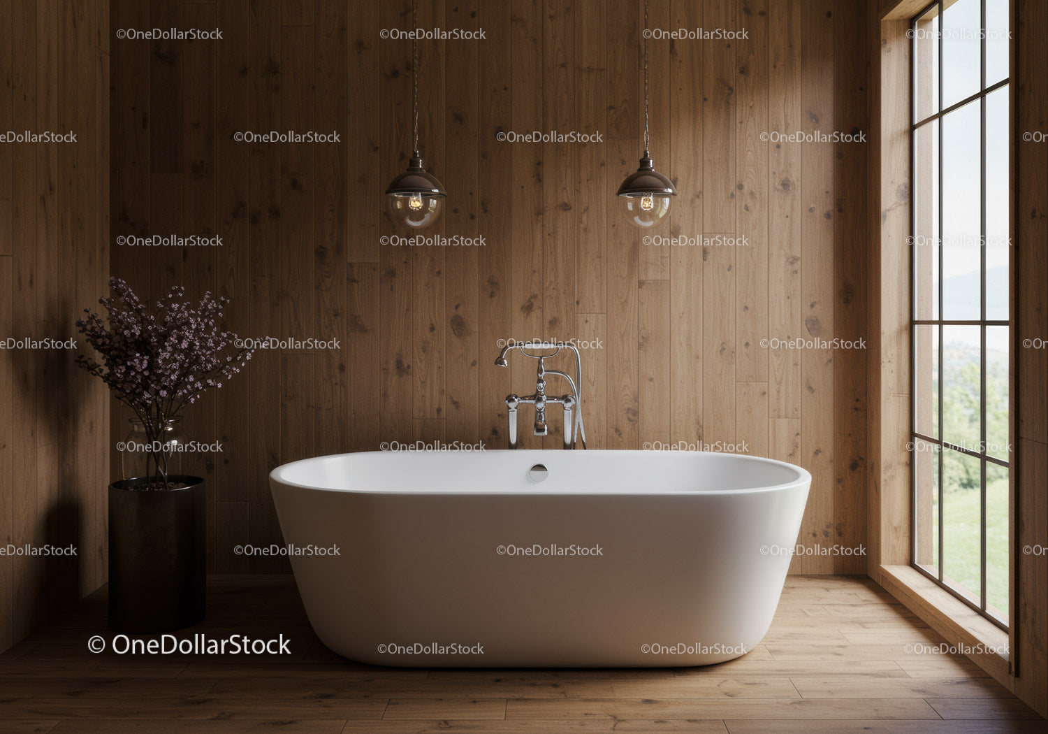 Modern Bathroom with Freestanding Tub and Wooden Interior Design