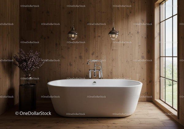 Modern Bathroom with Freestanding Tub and Wooden Interior Design