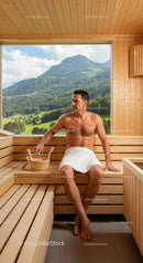 Man Relaxing in Wooden Sauna with Mountain and Forest View