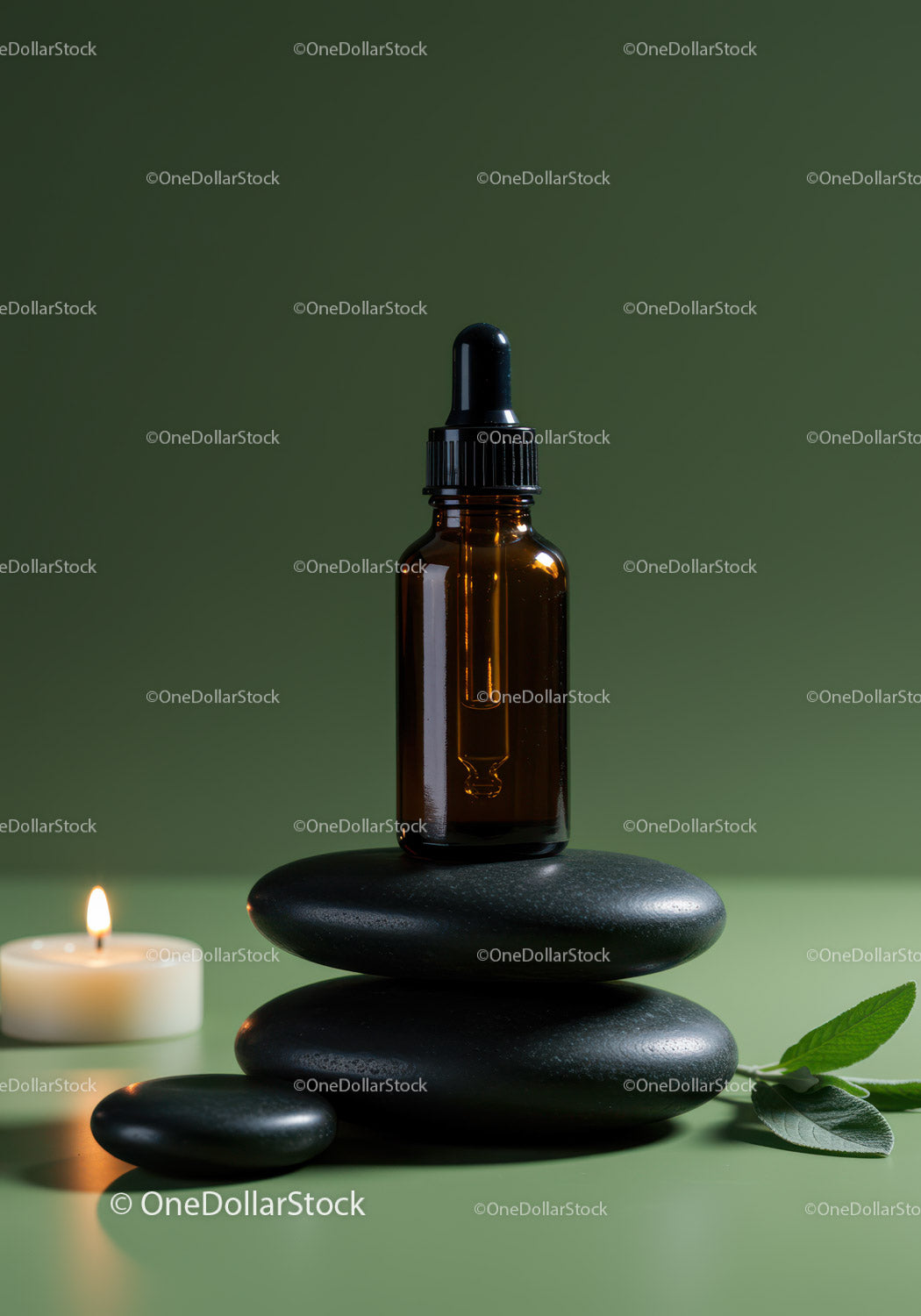 Amber Glass Dropper Bottle with Spa Stones and Candle for Wellness