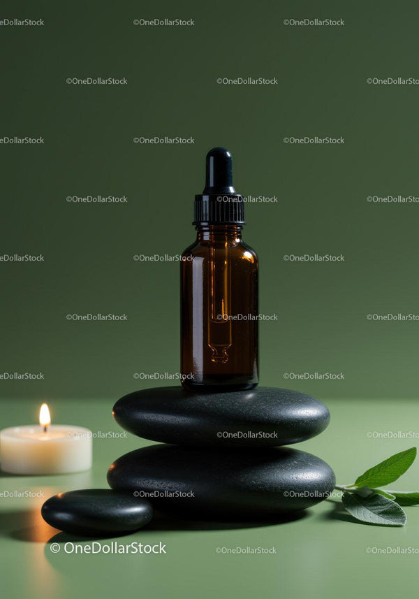 Amber Glass Dropper Bottle with Spa Stones and Candle for Wellness JPG Mockup Image