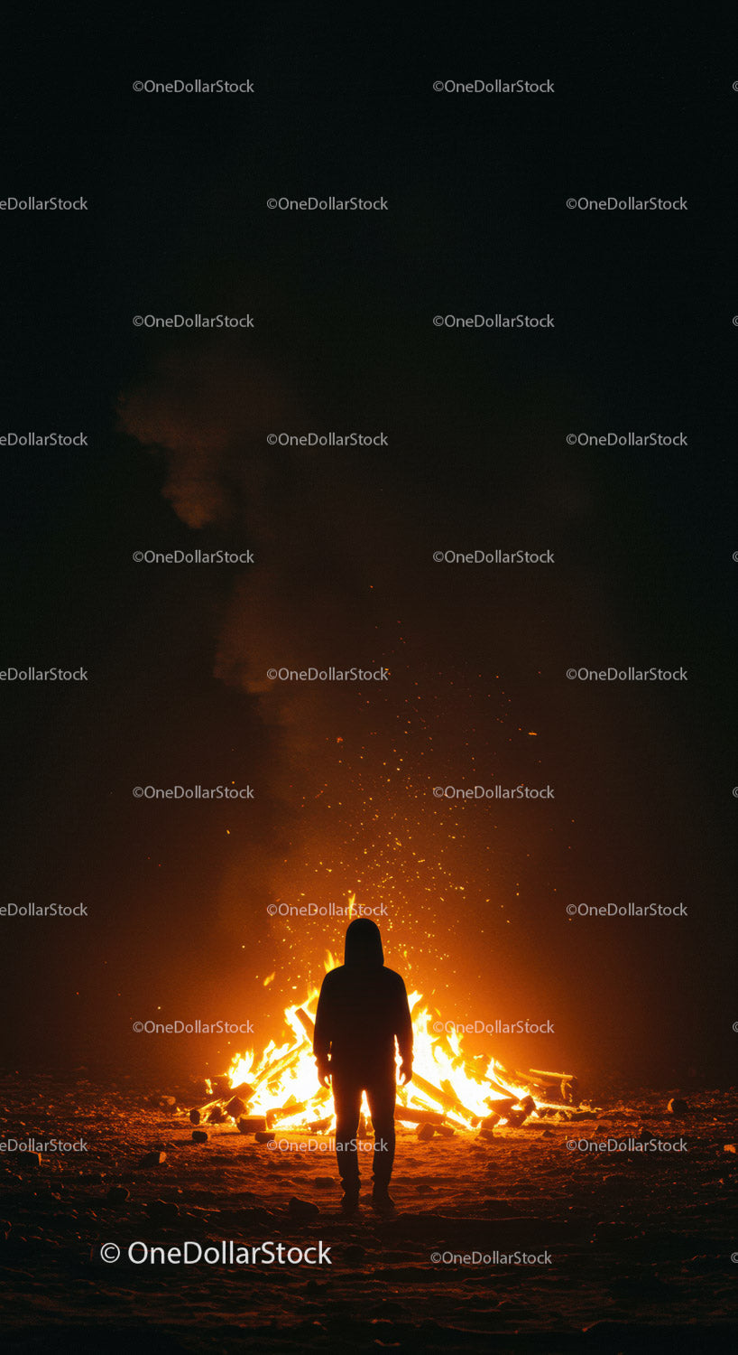 Person Standing Alone by Large Bonfire at Night