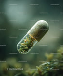 Herbal Medicine Capsule with Green Herb Inside in a Medical Context