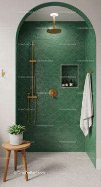 Modern green tiled shower with gold fixtures and natural wood stool