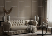 Cozy beige sofa with decorative vases in living room